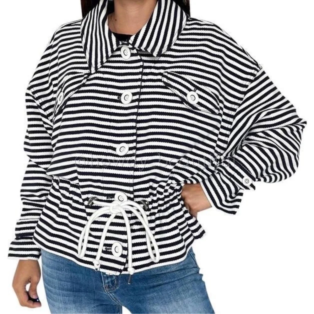 Cabi Womens Harbor Nautical Jacket Size XS Stripe Knit Cinch Waist Preppy Blue - Picture 3 of 12